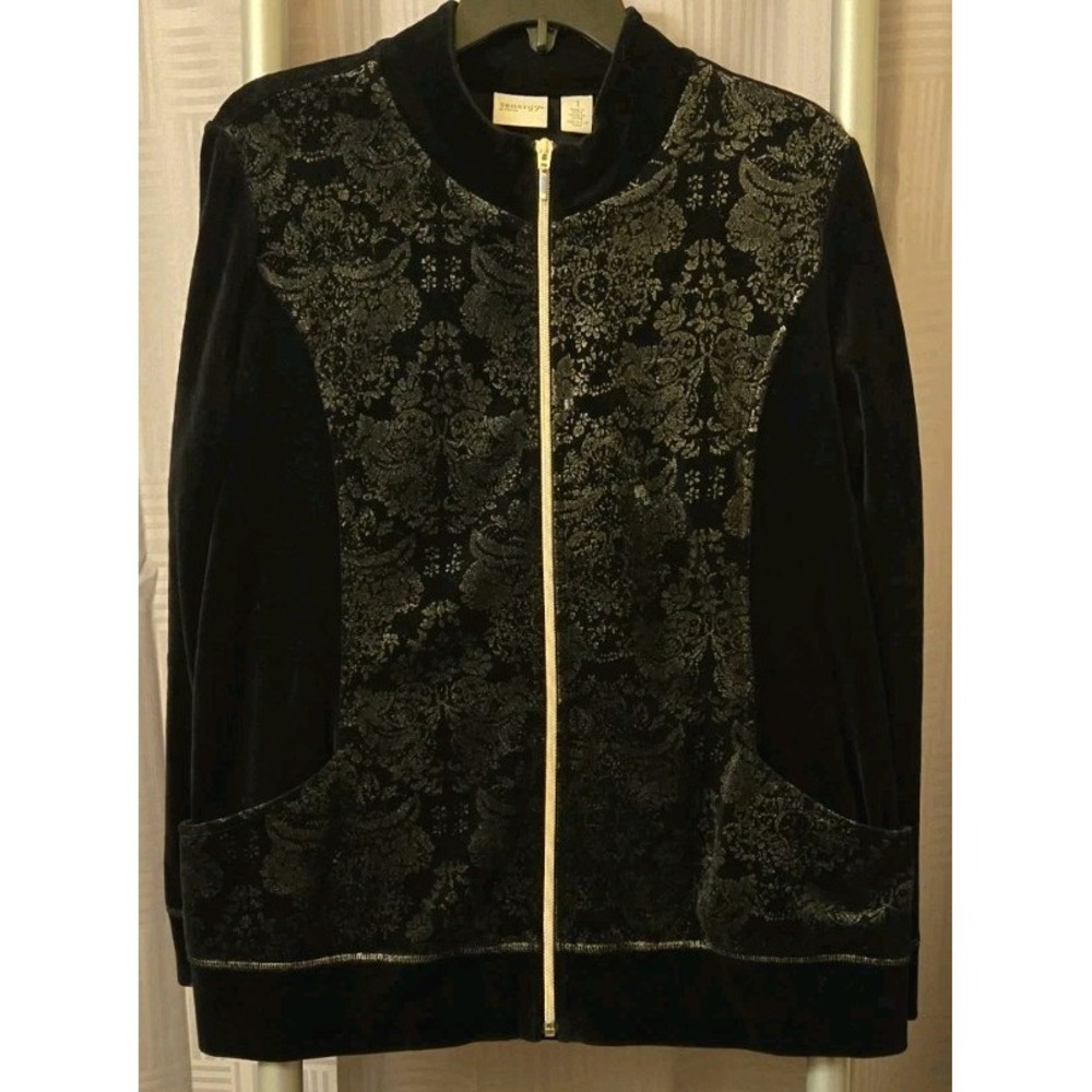 Chico's‎ Zenergy Full Zip Jacket M (1) Black Velour Sweater Knit Floral Print